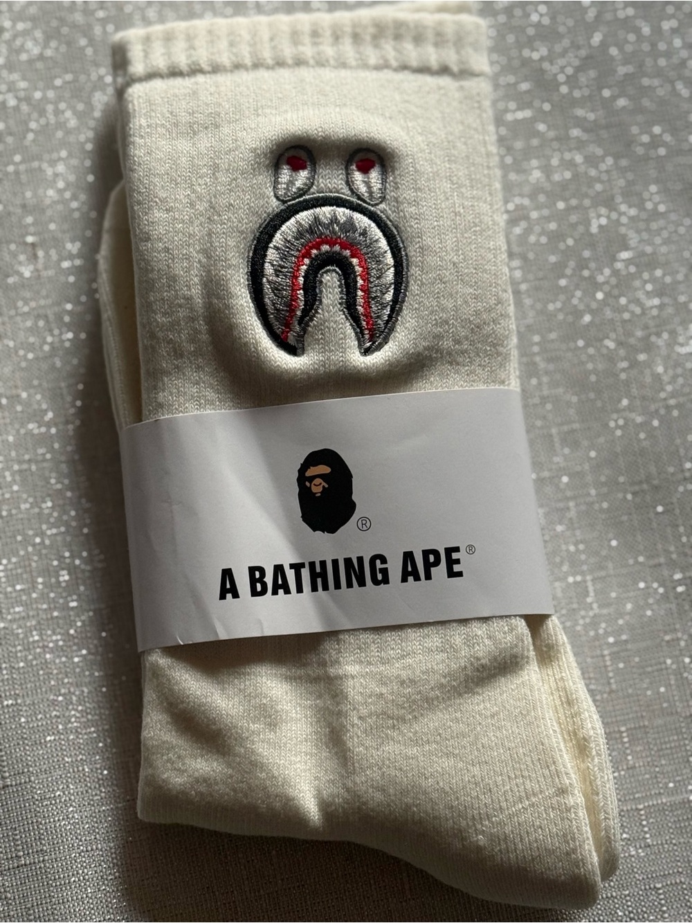 A Bathing Ape BAPE Shark Crew Socks Cream Embroidered New